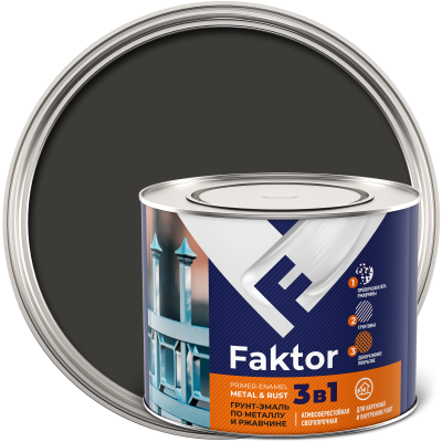 Грунт-эмаль FAKTOR на ржавчину 3 в 1 графитовая серая RAL 7024, банка 1,9 кг (219355)
