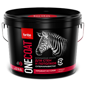 Краска BRITE PROFESSIONAL ONE COAT для стен и потолков высокоукрывистая база А, ведро 9 л (О03750)