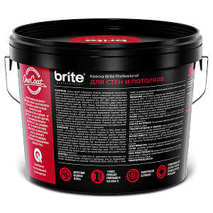 Краска BRITE PROFESSIONAL ONE COAT для стен и потолков высокоукрывистая база А, ведро 9 л (О03750)